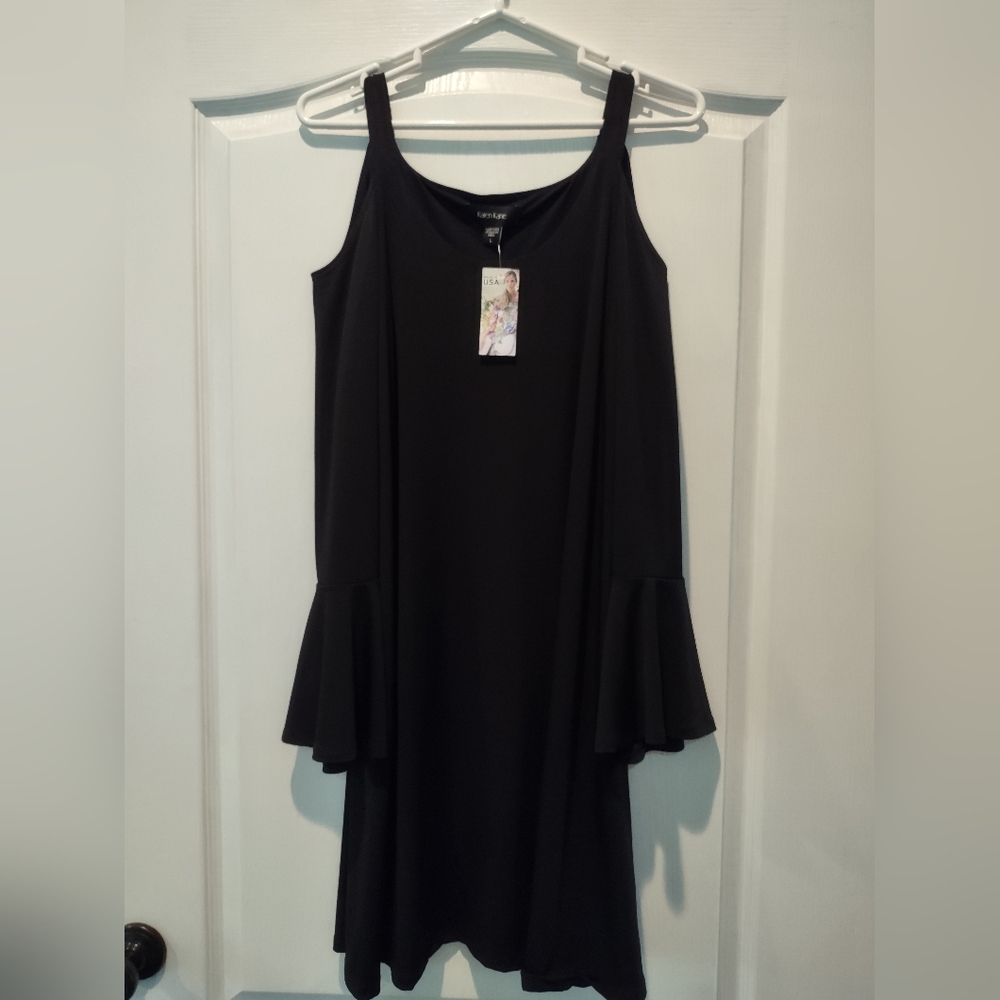 NWT Karen Kane Made in USA Black Cold Shoulder Dress Bell Sleeves Size L